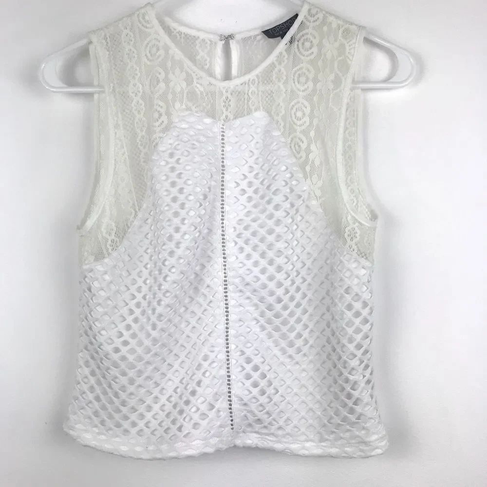 TopShop White Waffle Weave Sleeveless Crop Top with Lace Shoulder detailing